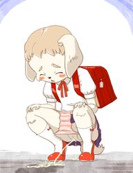 anthro backpack blush canine closed_eyes crouching cute dog embarrassed female kin-shun mammal panties panties_down peeing pussy relief school_uniform urine white_fur young