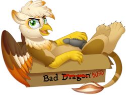 2018 alpha_channel avian bad_dragon barbed_penis beak black_penis box claws ember_burd english_text erection eyebrows fan_character feathered_wings feathers feral green_eyes gryphon hi_res in_box knot looking_at_viewer lying male male_only multicolored_feathers my_little_pony nude open_mouth open_smile paws penis presenting presenting_penis simple_background smile solo talons text thepossumface toe_claws tongue transparent_background wings