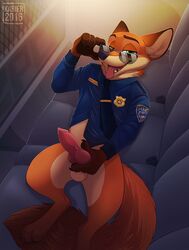 animal_genitalia animal_penis anthro balls bottomless canine canine_penis clothed clothing conditional_dnp disney erection fox glasses kabier male male_only mammal nick_wilde partially_clothed penis police smile solo zootopia