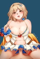 areola_slip areolae blonde_hair blush breasts brown_eyes clothed_sex djeeta_(granblue_fantasy) female granblue_fantasy headband highres kyo-usa kyousa38 large_breasts nipple_slip nipples open_mouth scrunchie sex skirt straddling sweat swimsuit voluptuous wet wet_clothes