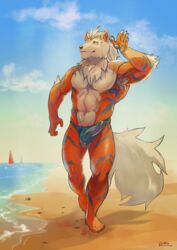 1boy 2015 5_fingers abs anthro arcanine arm_up armpit_hair armpits barefoot beach belly biceps big_penis big_tail biped black_fur black_nose black_stripes blue_background blue_sky bulge canine claws clothed clothing cloud clouds daskun day detailed_background digital_media_(artwork) elbow_tufts erection erection_under_clothes feet front_view fur furry hair leg_up looking_away male male_only mammal multicolored_fur muscular muscular_male nintendo no_nipples ocean orange_fur original_character outdoors outside pecs penis_outline pokemon pokemon_(species) pokemon_rgby red_eyes sand sea seaside signature sky solo speedo striped_fur stripes swimsuit text topless tuft video_games walking water watermark white_fur white_hair white_tail