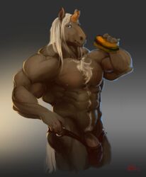 2015 abs anthro biceps big_muscles blue_eyes body_hair brown_fur burger chest_hair clothed clothing daskun digital_media_(artwork) equine food front_view fur gradient_background hair half-length_portrait happy_trail holding_food holding_object horn long_hair looking_at_viewer male male_only mammal muscular muscular_male obliques pecs penis penis_base pink_penis portrait signature simple_background snout solo standing thong underwear unicorn white_hair white_tail