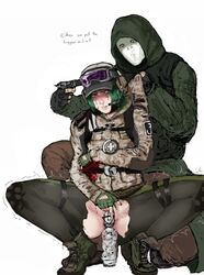 1boy 1girls blood clothed_sex clothing crying ela_(rainbow_six) female green_eyes gun gunpoint guro imminent_rape insertion male pussy rainbow_six rainbow_six_siege rape short_hair spread_legs tears threatening tom_clancy torn_clothes vaginal_penetration violence white_mask_(rainbow_six) wrongnhoka