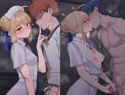 ai_generated artoria_pendragon breasts chastity_cage fate/stay_night fate_(series) female handjob key kissing male matou_shinji multiple_males multiple_penises ntr nurse nurse_cap penis saber uniform