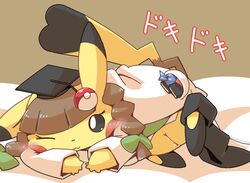 1girls all_fours bed_sheet bedding black_eyes black_fur blush cleft_tail clothed clothes clothing cosplay cosplay_pikachu crepix eyelashes female female_only feral furry hat leg_up long_ears lying nintendo no_panties nude on_front on_side one_eye_closed pikachu pikachu_ph._d pokémon_(species) pokemon pokemon_oras pokemon_rgby pussy pussy_juice rodent solo text translated video_games wig wink