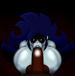 2d 2d_(artwork) alternative_skin_color alternative_version_available amerobutnsfw black_sclera blowjob blowjob_pov blue_hair carmen_the_succubus_(amero) dark_skin dark_skinned_male female_focus heterosexual huge_breasts looking_at_partner looking_at_viewer milf original_character pale-skinned_female pale_skin pov pov_blowjob pov_eye_contact pov_male succubus sucking_penis