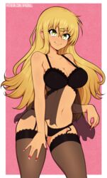 1girls afrobull black_bra black_panties blonde_hair bra breasts cleavage female gal_gohan garter_belt gyaru lingerie long_hair looking_at_viewer okazaki_miku panties smile solo thighhighs yellow_eyes