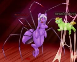 4_eyes ambiguous_feral ambiguous_gender anthro arachnid arthropod arthropod_abdomen baby_talk beady_eyes bodily_fluids breasts brown_hair brown_tail collar collar_only crying dialogue digital_media_(artwork) duo english_description english_text eye_contact female female_anthro feral fluffy_pony fluffy_pony_(species) fur genitals green_body green_fur hair hybrid intralingual_translation lipstick looking_at_another makeup mammal monotone_body monotone_fur multi_eye nipples nude nude_anthro nude_female odyssey_of_noises open_mouth open_smile pink_lipstick purple_body purple_fur purple_hair quadruped red_collar red_eyes shaded smile soft_shading spider spider_web standing stuck tail teal_eyes tears text vulva
