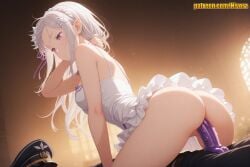 1boy 1girl ai_generated arm_behind_head arm_up ass bare_arms bare_shoulders blurry blurry_background blush braid breasts clothed_sex cowgirl_position crown_braid dildo dress elf emilia_(re:zero) flower frilled_dress frills girl_on_top hair_flower hair_ornament hair_ribbon hand_in_own_hair hand_on_own_neck hand_up hat hetero indoors large_breasts long_hair looking_at_another medium_breasts nivora no_panties object_insertion parted_lips patreon peaked_cap penis pointy_ears purple_eyes purple_ribbon pussy pussy_juice re:zero_kara_hajimeru_isekai_seikatsu ribbon sex sex_toy silver_hair sleeveless sleeveless_dress solo_focus straddling sunlight uncensored vaginal vaginal_object_insertion white_dress white_flower white_hair white_rose window x_hair_ornament