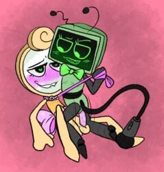 dandy's_world glisten_(dandy's_world) vee_(dandy's_world) trans_man transmasc mastectomy_scar vaginal_penetration vaginal_sex leash_pull collar biting_lip hearts_in_eyes heart-shaped_pupils living_object animate_inanimate tv_head android mirror riding_penis size_difference small_dom_big_sub chimeracocks