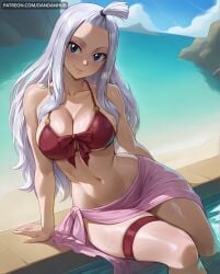 1girl solo long_hair breasts looking_at_viewer smile blue_eyes large_breasts bow navel cleavage bare_shoulders sitting closed_mouth collarbone swimsuit white_hair bikini thighs outdoors sky day cloud water stomach blue_sky wet dutch_angle thigh_strap ocean arm_support watermark front-tie_top web_address forehead red_bikini patreon_username sarong soaking_feet mirajane_strauss fairy_tail ai_generated dandanhub