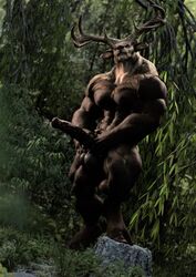 abs anthro antlers balls deer deer_ears deer_humanoid forest fur hooves horsecock huge_cock huge_muscles hyper_penis male male_only muscular pecs proud solo stag