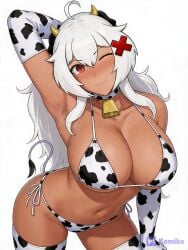 voluptuous_female voluptuous wide_hips white_hair red_eyes hair_ornament x_hair_ornament suggestive_look suggestive_gesture suggestive_posing cow_print cow_girl cow_print_bikini cowbell cow_horns cow_ears breasts huge_breasts big_breasts legwear armpits arms_up armwear vtuber virtual_youtuber erispheria erispheria_cow komiko ai_generated twitch simple_background tanned tanned_skin bikini one_arm_up one_eye_closed thick_thighs youtube youtube_hispanic