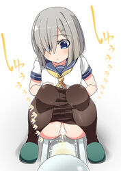 black_legwear blue_eyes blue_sailor_collar blush breasts censored collarbone eyebrows_visible_through_hair female female full_body green_footwear grey_hair hair_ornament hair_over_one_eye hairclip hamakaze_(kantai_collection) heart heart_censor japanese_text kantai_collection medium_breasts minamimachi_naname neckerchief pantyhose pantyhose_pull peeing sailor_collar school_uniform serafuku shiny_hair shirt shoes short_hair short_sleeves simple_background solo squat_toilet squatting text_focus toilet toilet_use translation_request uniform water white_background white_shirt yellow_neckwear