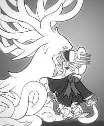 4_arms 6_wings 7_horns ambiguous_gender arthropod arthropod_taur bite_mark black_clothing black_dress blindfold blush bodily_fluids_in_mouth bottomwear bow_ribbon clothed clothing clothing_lift cuprousfilament dress elemental_creature exoskeleton feeding female fin flora_fauna frilly frilly_clothing frilly_dress glowing grey_background group headpat hi_res horn husband_and_wife insect_legs insectoid_wings male male/female male_(lore) mandibles married_couple monochrome multi_arm multi_horn multi_leg multi_limb multi_wing nectar oral oral_penetration pale_king_(hollow_knight) penetration plant restrained restrained_by_tentacles simple_background skirt skirt_lift tail tail_fin taur tentacle_in_mouth tentacle_penetration tentacles treant tree trio twisted_bud_(hollow_knight:_silksong) white_body white_eyes white_lady_(hollow_knight) wings