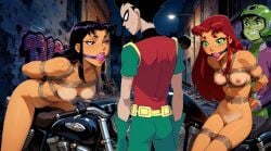 2boys 2girls ai_generated ai_slop alley alleyway ball_gag bdsm beast_boy blackfire blackfire_(teen_titans) bondage bound clothed_male clothed_male_nude_female dc dc_comics dcau female fire_sisters gag gagged green_body green_eyes green_skin male motorcycle naked naked_female nude nude_female nude_female_clothed_male orange_body orange_skin robin_(dc) sister sisters starfire starfire_(teen_titans) teen_titans tied_up