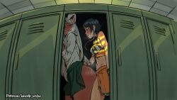 2girls animal_ears artist_name ass biting_own_lip black_hair blush boku_no_hero_academia breasts clothes_lift commentary crop_top cum cum_on_ass cum_on_body dark-skinned_female dark_skin earrings english_commentary futa_on_female futa_with_female futanari heavy_breathing highres implied_sex in_locker jewelry jiro_kyoka locker locker_room long_earlobes long_eyelashes long_hair medium_breasts midriff mirko multiple_girls navel rabbit_ears rabbit_tail red_eyes school_uniform shirt short_hair skirt skirt_lift smollb_nsfw sweat tail thick_thighs thighs u.a._cheerleader_uniform white_hair white_shirt wristband