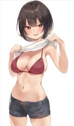 1girl :p bikini black_hair black_shorts breasts clothes_lift highres jishuku-chan_(masco) large_breasts lifting_own_clothes looking_at_viewer masco navel original red_bikini shirt shirt_lift short_hair shorts simple_background solo standing stomach swimsuit thighs tongue tongue_out white_background white_shirt