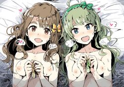 2girls :d ahoge bed_sheet blue_eyes blush bow breasts brown_eyes brown_hair collarbone condom cum green_hair hairband hairbow head_tilt heart heavy_breathing highres holding holding_condom idolmaster idolmaster_million_live! long_hair lying medium_breasts miyao_miya multiple_girls nipples on_back open_mouth orange_bow shimabara_elena sketch smile sweat tai0201 topless upper_body used_condom