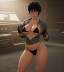 3d 3on3freestyle ai ai_assisted ai_generated big_boobs big_breasts dark_hair latina marisol_(3on3freestyle) mechanic micro_bikini open_shirt opening_shirt sexy_pose short_hair thighs