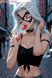 1girl 1girls adjusting_hair ai_generated black_cat_(marvel) black_cat_(spider-man:_the_animated_series) blue_eyes breasts camisole choker city cleavage crop_top dizbabes felicia_hardy female_only licking licking_lollipop lipstick lollipop long_hair makeup marvel marvel_comics mask midriff navel off_shoulder open_mouth outdoors public sleeveless sleeveless_shirt solo_female spider-man:_the_animated_series spider-man_(series) spiked_collar stable_diffusion street superheroine tank_top tied_shirt tongue tongue_out white_hair
