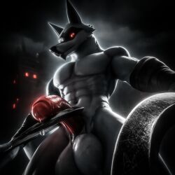 1:1 2026 3d_(artwork) absurd_res anthro bodily_fluids canid canine canis death_(puss_in_boots) digital_media_(artwork) dreamworks dripping facial_markings fur genital_fluids genitals gothic_architecture grey_body grey_fur head_markings hi_res leaking_precum low-angle_view male male_only mammal markings night penis precum precum_drip presenting presenting_penis puss_in_boots_(franchise) pyx_up_styx red_eyes sickle solo solo_male standing teeth weapon wolf