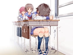 3girls after_sex black_hair blood blue_skirt blue_socks breasts broken_rape_victim chair classroom closed_mouth crying cum cum_in_pussy cum_on_floor cum_on_lower_body cumdrip desk ero-note:_ore_ga_nani_shite_mo_mondai_ni_naranai_kyoushitsu feet highres humiliation indoors knee_socks kneehighs kneesocks legs legs_together leo_shishioka long_sleeves multiple_girls nyuu_(manekin-eko) original pink_hair sachi_(ero-note) school_bag school_uniform shoes short_hair simple_background sitting skirt small_breasts socks sweat thighs trembling uwabaki virgin virginal_blood window