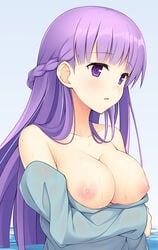 bangs bare_shoulders blush breasts breasts_out cloak collarbone eyebrows_visible_through_hair female fire_emblem fire_emblem:_the_binding_blade ihara_asta long_hair manakete medium_breasts nipples no_bra purple_eyes purple_hair solo sophia_(fire_emblem) very_long_hair wet wet_clothes