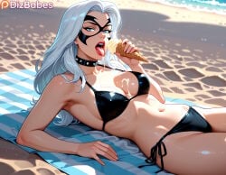dizbabes stable_diffusion ai_generated marvel marvel_comics spider-man:_the_animated_series spider-man_(series) black_cat_(marvel) black_cat_(spider-man:_the_animated_series) felicia_hardy superheroine white_hair long_hair blue_eyes lipstick makeup choker spiked_collar mask beach outdoors bikini looking_at_viewer black_bikini breasts pov_eye_contact 1girl 1girls female_only solo_female navel open_mouth tongue tongue_out licking cleavage ice_cream ice_cream_on_breasts ice_cream_cone eating lying on_back beach_towel