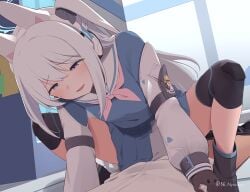 1boy 1girl animal_ear_headphones animal_ears befu blue_archive blue_halo blue_serafuku clothes_pull commentary_request fake_animal_ears girl_on_top halo headphones implied_sex knee_pads long_hair m_legs miyako_(blue_archive) neckerchief one_side_up pants pants_pull pink_neckerchief purple_eyes rabbit_ear_headphones rabbit_ears school_uniform serafuku smile solo_focus spread_legs squatting tactical_school_uniform white_background