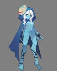 1girl absurdres blue_cloak blue_skin breasts cloak colored_skin commentary_request fingerless_gloves full_body genderswap genderswap_(mtf) gloves heterochromia highres hood hood_up kuangketi long_hair mask mask_on_head merchant_(slay_the_spire) naked_cloak nipples nude pussy slay_the_spire small_breasts solo standing uncensored white_hair