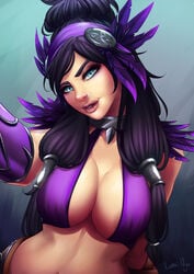 1girls 2018 big_breasts black_hair blue_eyes breasts celtic_mythology cleavage collar collarbone european_mythology eyelashes eyes feathers female female_only goddess hair hair_ornament hi-rez_studios large_breasts lips lipstick long_hair looking_at_viewer luminyu mythology pink_lipstick pinup purple_hair selfie smite solo solo_focus standing tagme the_morrigan_(smite) twintails