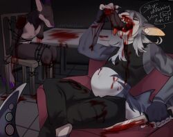 amputated_arms amputated_legs amputation anthro aquatic armchair black_bottomwear black_clothing black_hands black_pants blood blood_on_body blood_on_floor blood_on_knife blood_on_mouth blood_on_pants blood_on_table bodily_fluids bottomwear canid canine canis chained_to_chair chair chat_bubble clothing colored_nails detailed_background ear_piercing ear_ring eating eating_flesh felid feline fish furniture gore grey_body grey_nails hair hi_res holding_knife holding_object hybrid knife long_ears long_hair mammal nails open_mouth open_wound pants piercing purple_ear_tip purple_eyes purple_nose red_armchair ring_piercing shark shark_tail skwerna_timido table teeth violence white_fingers white_hair wolf