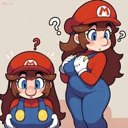 1girl ai_generated bangs big_breasts big_nose blue_eyes blue_overalls blush_stickers brown_hair chubby chubby_female clothed confused curvy female genderswap genderswap_(mtf) long_hair long_sleeves looking_at_own_breasts looking_down mario mario_(series) mario_cap overalls pixai red_cap red_hat red_shirt rule_63 shortstack simple_shading white_gloves