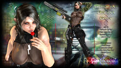 1girls 3d abs artist_name bare_shoulders becarra belt big_breasts black_hair busty cleavage curvy detailed_background english_text erect_nipple erect_nipples eyelashes female female_only front_view glasses gray_eyes gun hair_over_one_eye holding_object hourglass_figure humanoid jelana_grey long_hair looking_at_viewer multicolored_hair muscle muscular muscular_female nail_polish necklace pants pointy_ears pose posing see-through shiny shiny_skin smiling sniper_rifle solo standing tattoo text vest voluptuous white_hair wide_hips