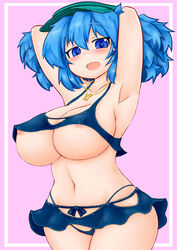 armpits arms_up blue_eyes blue_hair blue_panties blush breasts cleavage collarbone curvy female hat huge_breasts jewelry key looking_at_viewer messy_hair micro_panties microskirt midriff miniskirt naughty_face navel necklace nipple_slip nipples nitori_kawashiro oerba_yun_fang okiraku_nikku open_mouth panties skirt solo tank_top touhou two_side_up underboob underwear