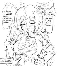 1girls asking asking_for_it asking_for_sex big_breasts breasts dialogue don_quixote_(limbus_company) eyes_closed female female_focus female_only hand_on_hip inutan kainarase_you limbus_company mouth_open project_moon queen_of_hatred_(cosplay) solo solo_female solo_focus tagme text text_bubble white_background