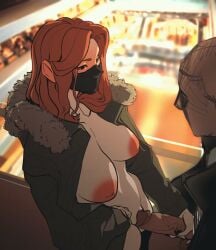 1girls 2d 2d_animation animated areolae black_nail_polish breasts burstafterdark burstling dark-skinned_male dasburstling face_mask facemask ginger-haired_female ginger_hair hand_on_penis handjob jacket loop looping_animation nipples no_audio no_sound nude nude_female open_jacket original_characters penis_vein public public_indecency public_nudity stroking_cock stroking_penis tagme teasing teasing_penis video