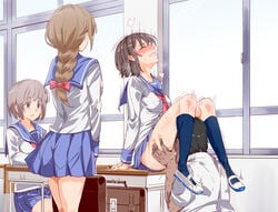 1boy 3girls bag being_watched black_hair blue_skirt blue_socks blush braid breasts brown_hair casual casual_sex chair classroom clenched_teeth closed_eyes clothed_sex clothing common_sense_change cunnilingus dark_skin desk ero-note:_ore_ga_nani_shite_mo_mondai_ni_naranai_kyoushitsu exhibitionism feet female full-face_blush grey_hair hair_ribbon highres human hypnosis indoors knee_socks kneehighs kneesocks leg_up legs long_hair male mind_control motion_lines multiple_girls nyuu_(manekin-eko) oral orgasm original pale_skin public public_cunnilingus public_sex pussy_juice ribbon ribbon_matsumoto sachi_(ero-note) sailor_collar saliva school_bag school_uniform serafuku sex_education shoes short_hair single_braid sitting skirt small_breasts socks spread_legs standing thighs uwabaki wet window