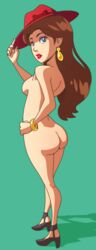 ass blue_eyes bracelet breasts brown_hair dracerxn earrings eyeshadow female fingernails hat high_heels lipstick looking_at_viewer mario_(series) naked_footwear naked_heels nintendo nude pauline pose shadow solo super_mario_odyssey