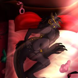 2018 anthro anus ass balls bed claws dildo erection fur looking_at_viewer looking_back male male_only mammal nude omez paws penis presenting presenting_hindquarters sergal sex_toy solo