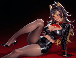 1girl 1girls ai_generated animal_ears arm_support balecxi black_background black_clothes black_footwear black_gloves black_hair black_headwear black_jacket black_skirt blonde_hair blue_eyes blush breasts brown_hair brown_pantyhose choker cleavage clothing crop_top cropped_jacket crossed_bangs curvaceous curvaceous_female curvaceous_figure curvy curvy_figure dangle_earrings dark-skinned_female dark_skin dehya_(genshin_impact) earrings fangs female female_focus foot_out_of_frame footwear garrison_cap genshin_impact gloves gradient_background hair_between_eyes hair_ears hair_intakes hat high_heels hoyoverse inviting inviting_to_sex jacket jewelry knee_up large_breasts leg_up legs long_hair long_sleeves looking_at_viewer midriff mihoyo miniskirt multicolored_hair neckerchief open_jacket open_mouth panties pantyhose pencil_skirt presenting presenting_ass presenting_breasts presenting_hindquarters presenting_pussy presenting_self red_neckerchief seductive seductive_look seductive_smile shoes sitting skirt smile solo streaked_hair teeth thighs toe_cleavage two-tone_hair underwear upper_teeth_only voluptuous voluptuous_female