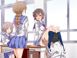 1boy 3girls ass being_watched black_eyes black_hair blue_skirt blue_socks blush braid breasts brown_hair casual casual_sex chair classroom clothed_sex clothing common_sense_change cunnilingus dark_skin desk ero-note:_ore_ga_nani_shite_mo_mondai_ni_naranai_kyoushitsu feet female first_porn_of_franchise full-face_blush grey_hair hair_ribbon highres human hypnosis indoors knee_socks kneehighs kneesocks leg_up legs long_hair looking_at_another male matching_hair/eyes mind_control multiple_girls nyuu_(manekin-eko) open_mouth oral original pale_skin public public_cunnilingus public_sex pussy_juice ribbon ribbon_matsumoto sachi_(ero-note) sailor_collar school_bag school_uniform serafuku sex_education shoes short_hair single_braid sitting skirt small_breasts socks spread_legs standing thighs uwabaki wet window