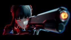1girl 3d 3d_(artwork) 3d_model action_pose aiming aiming_gun black_hair blender_(artwork) blender_(medium) blender_(software) blue_archive bodysuit chisahito dramatic dramatic_lighting female female_only gun not_porn photoshop photoshop_(medium) pistol pistol_in_hand ponytail red_eyes rimlight rio_(blue_archive) safe tsukatsuki_rio white_skin