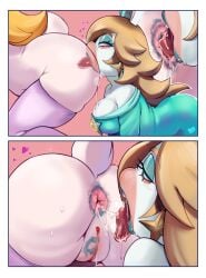 2026 absurd_res anal anthro anus big_breasts big_butt blonde_hair bodily_fluids border breasts butt clothing crossover dress drooling duo ear_piercing eyebrow_through_hair eyebrows eyelashes eyeshadow female female/female genitals hair half-closed_eyes heart_symbol hi_res kiss_mark_on_pussy lagomorph legwear lipstick lipstick_on_anus long_hair makeup mammal mario_bros mario_plus_rabbids_kingdom_battle nagainosfw narrowed_eyes nintendo open_mouth oral piercing rabbid rabbid_peach rabbid_rosalina raving_rabbids rayman_(series) rimming rimming_female saliva saliva_string sex teal_clothing teal_dress teal_eyeshadow teal_lipstick teeth thigh_highs tongue tongue_out translucent translucent_hair ubisoft vulva white_border