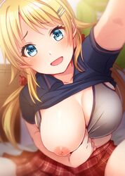 1girls blonde_hair blue_eyes blush bra bra_down bra_pull breasts cleavage clothing commentary_request female grey_bra hachimiya_meguru hair_ornament hair_pin hairclip hatomugi_(mugicha) highres idolmaster idolmaster_shiny_colors large_breasts long_hair looking_at_viewer low_twintails nipples one_breast_out open_mouth oppai_challenge pleated_skirt presenting_breasts puffy_nipples reaching_out red_skirt self_shot shirt shirt_lift skirt solo sports_bra spread_legs twintails underwear