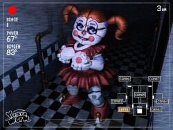 1girl 3d big_breasts camera_view circus_baby circus_baby_(fnaf) clown female female_only five_nights_at_freddy's five_nights_at_freddy's:_sister_location green_eyes groping groping_own_breasts hallway on_model red_hair robot skirt solo yaarnwurm