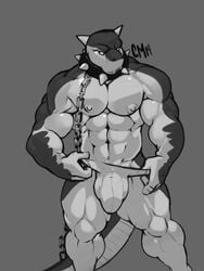 2014 abs ankylosaurus anthro biceps big_bulge bulge chained chains clothing collar cursedmarked dinosaur grey_background jockstrap male male_only monochrome muscular muscular_male nipples pecs seth_(enjay16) simple_background solo spiked_collar spikes standing underwear undressing