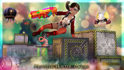 1girls 3d alternate_version_available artist_name bare_shoulders becarra boots braces brown_eyes brown_hair detailed_background english_text erect_nipple erect_nipples eyelashes female female_only fingerless_gloves footwear freckles front_view gloves goggles gun holding_object human jumping legwear leotard mihoshi_kurosawa nipple_bulge open_mouth ponytail shiny shiny_skin short_hair small_breasts solo stockings text vest wide_hips