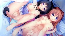 watagashi_yui game_cg dog_girl dog_ears dog_tail inumimi kemonomimi animal_ears animal_tail wanko_no_yomeiri_~youkoso!_inu_no_shippo_e~ koharu_(wanko_no_yomeiri_~youkoso!_inu_no_shippo_e~) azuki_(wanko_no_yomeiri_~youkoso!_inu_no_shippo_e~) 2girls 1boy 1boy2girls threesome twins breasts nipples large_breasts long_hair orange_hair black_hair nude naked naked_female clothing kimono open_clothes open_kimono kimono_lift panties panties_around_one_leg panties_around_leg laying laying_down laying_on_back laying_on_bed on_bed bed pussy censored mosaic_censoring vaginal_fluids pussy_juice pussy_juice_trail cum cum_in_pussy cum_inside cum_out_pussy after_creampie after_cum after_cumshot after_sex
